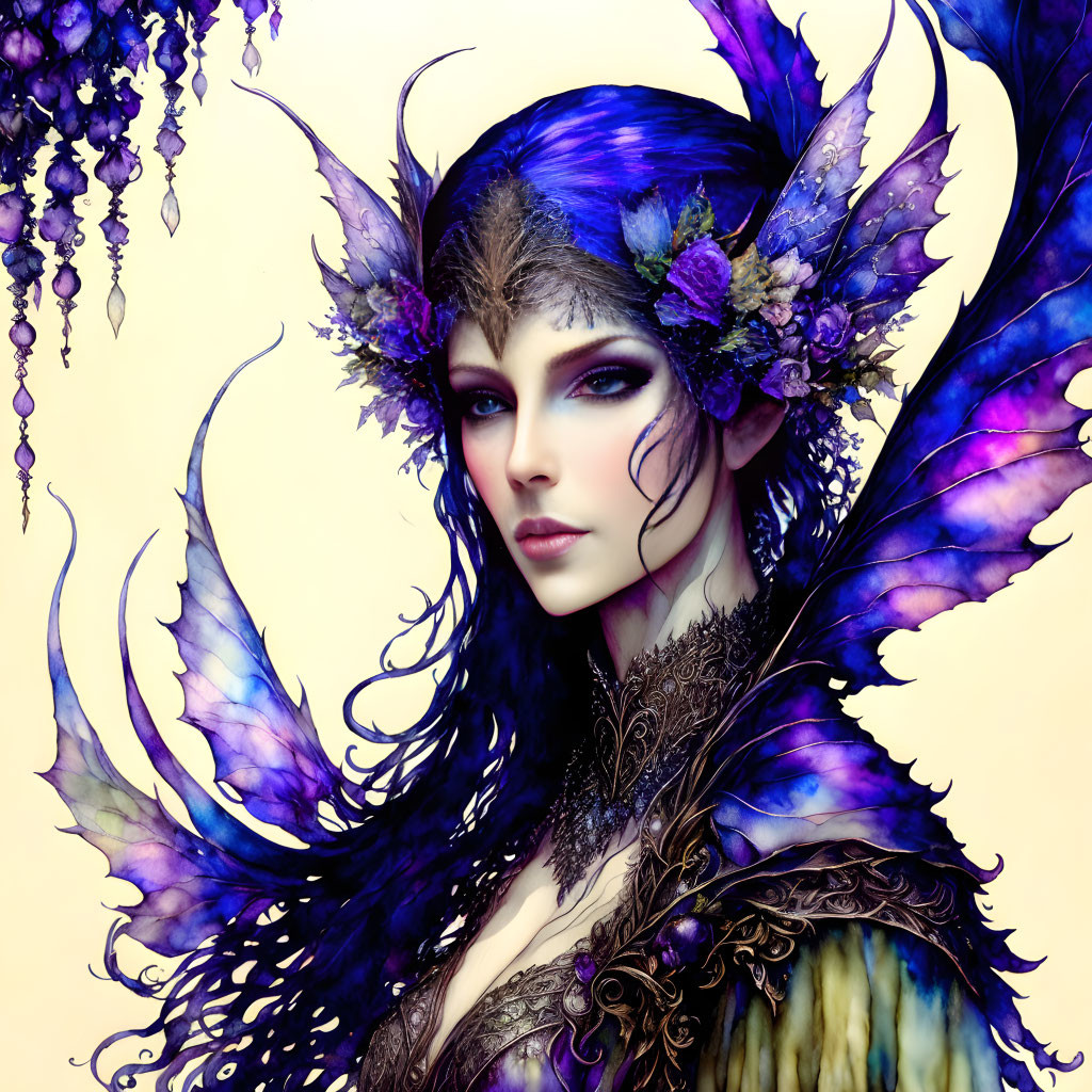 Vibrant purple and blue feathered wings on a woman with floral adornments