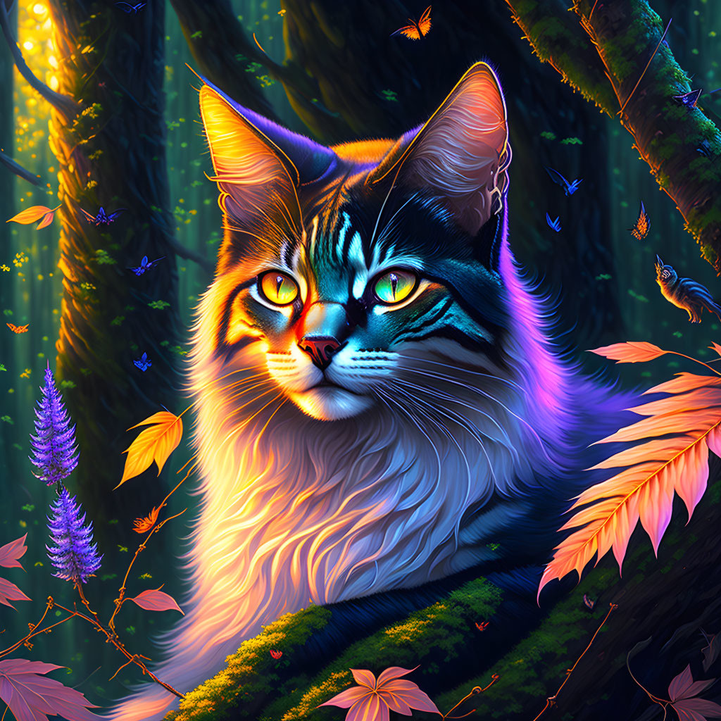 Colorful Digital Artwork: Cat with Striking Eyes in Mystical Forest