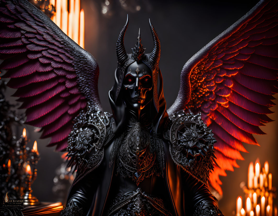 Dark figure with horns, red eyes, and wings in candlelight