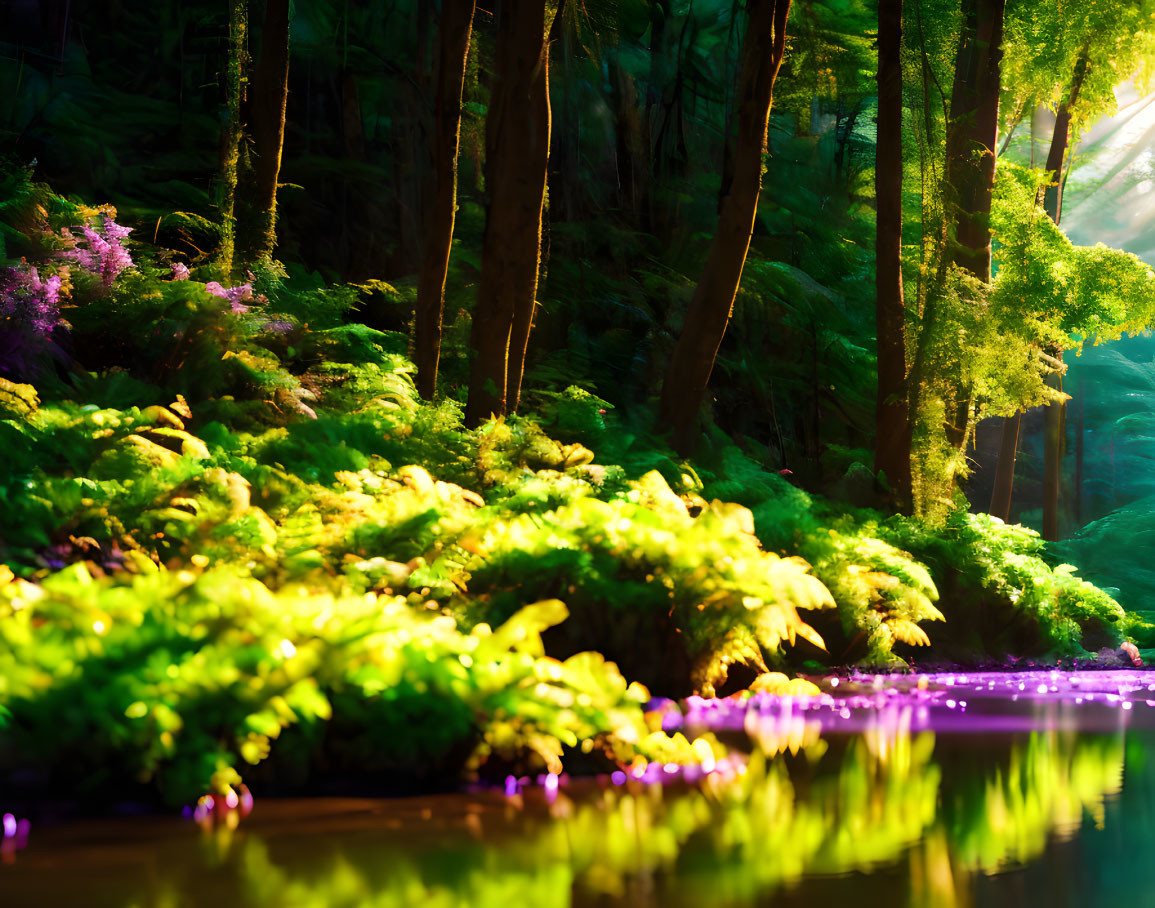 Lush Green Forest with Vibrant Ferns and River in Sunlight