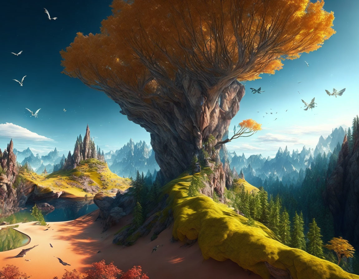 Fantastical landscape with giant tree on rocky peak, surrounded by autumn-colored trees, mossy cliffs