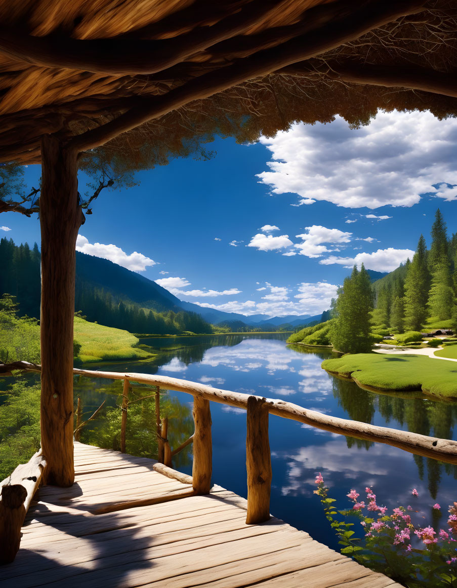 Tranquil mountain lake scene with wooden porch and lush green trees