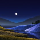 Woman admiring moon over blue flower field at night