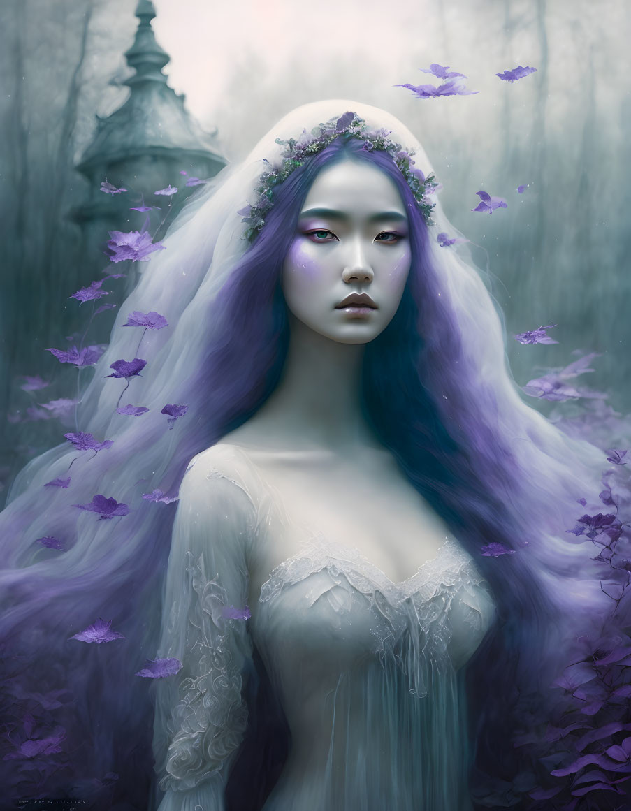 Violet-haired woman with flowers and butterflies in mystical forest setting