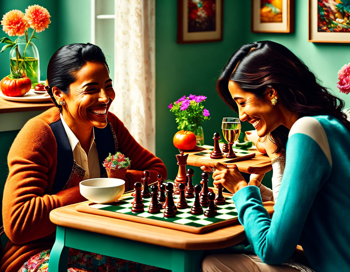 Women playing chess at cozy table with colorful flowers