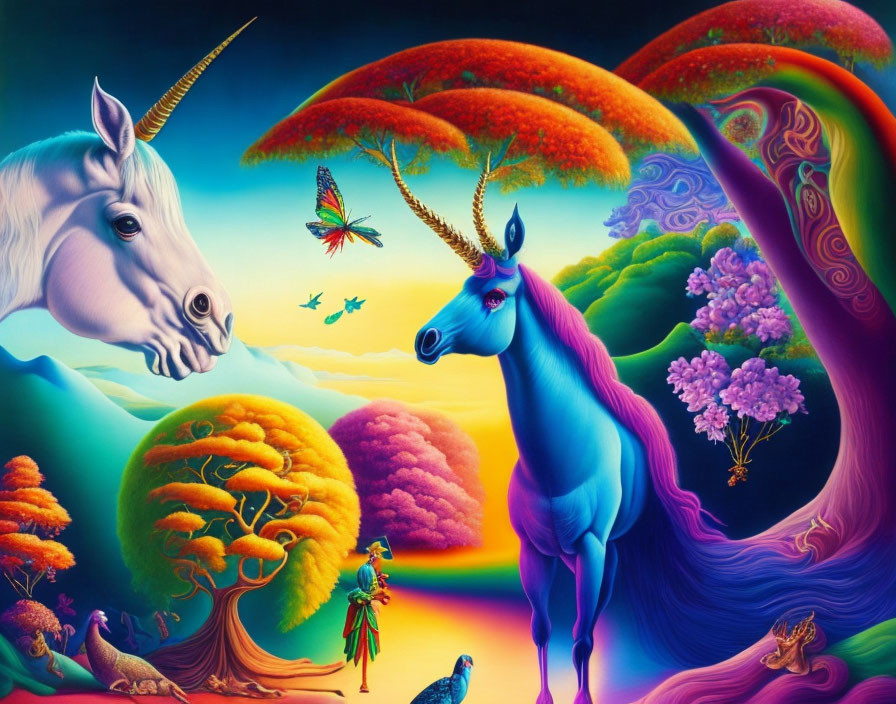 Colorful Fantasy Landscape with Unicorn, Deer, and Peacock