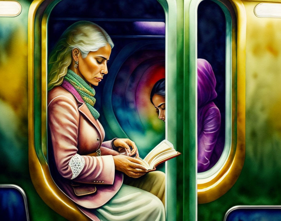 Two women on a train with vibrant background art