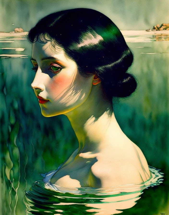 Portrait of woman with black hair and fair skin in water reflects serene atmosphere