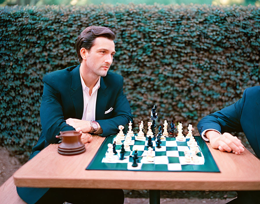 Man in suit contemplating chess move at outdoor table with green hedges.