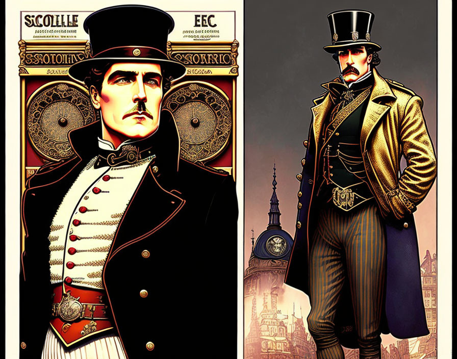 Stylized steampunk gentleman illustrations with Victorian theme