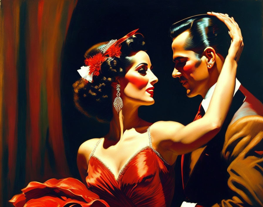 Formal attire couple dancing tango in red dress and suit