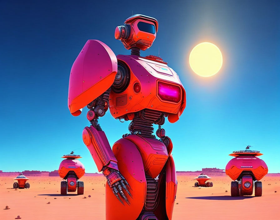 Colorful humanoid robot with camera head gazes at sun in desert scene