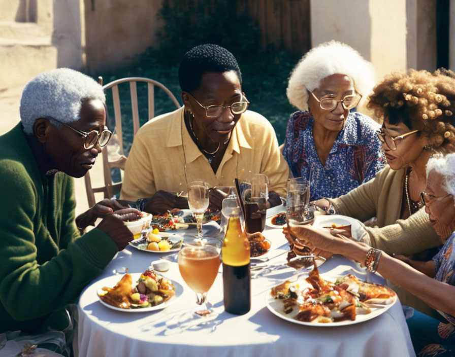 Elderly individuals dining outdoors in group conversation