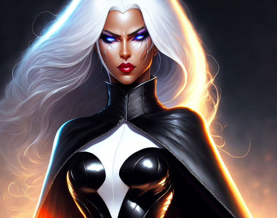 Digital Artwork: White-Haired Female Character in Black Costume with Purple Eyes on Fiery Background