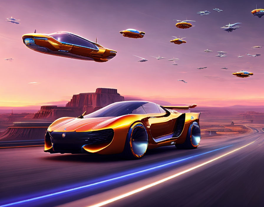 Orange Sports Car Speeding on Highway with Flying Cars in Purple Dusk Sky