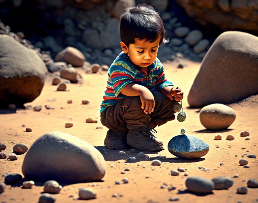 Child playing with pebbles and metal object on sandy ground surrounded by rocks in sunlight