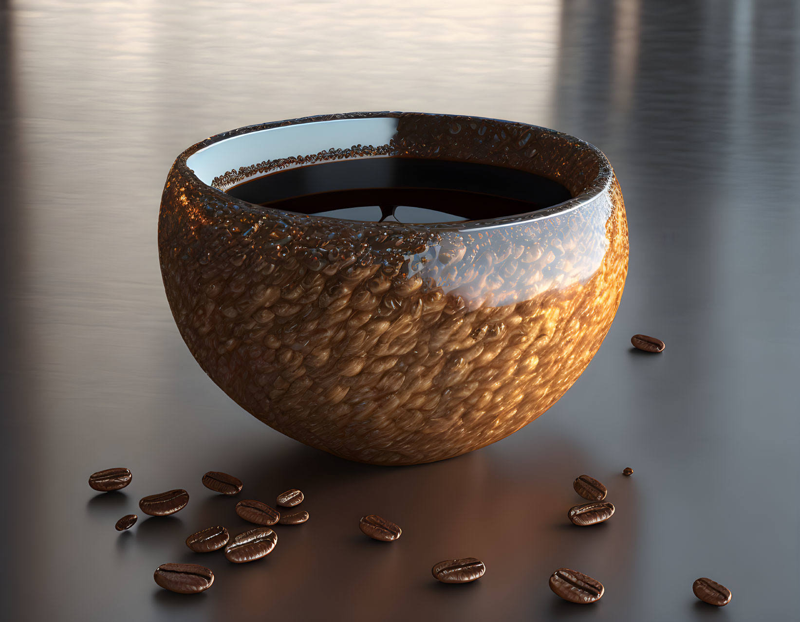 Textured Ceramic Coffee Cup Filled with Beans on Glossy Surface