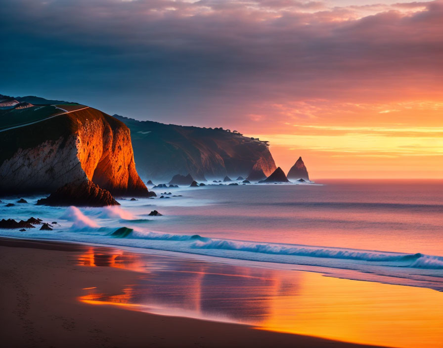 Scenic coastal landscape: cliffs, calm sea, warm sunset colors on wet sand