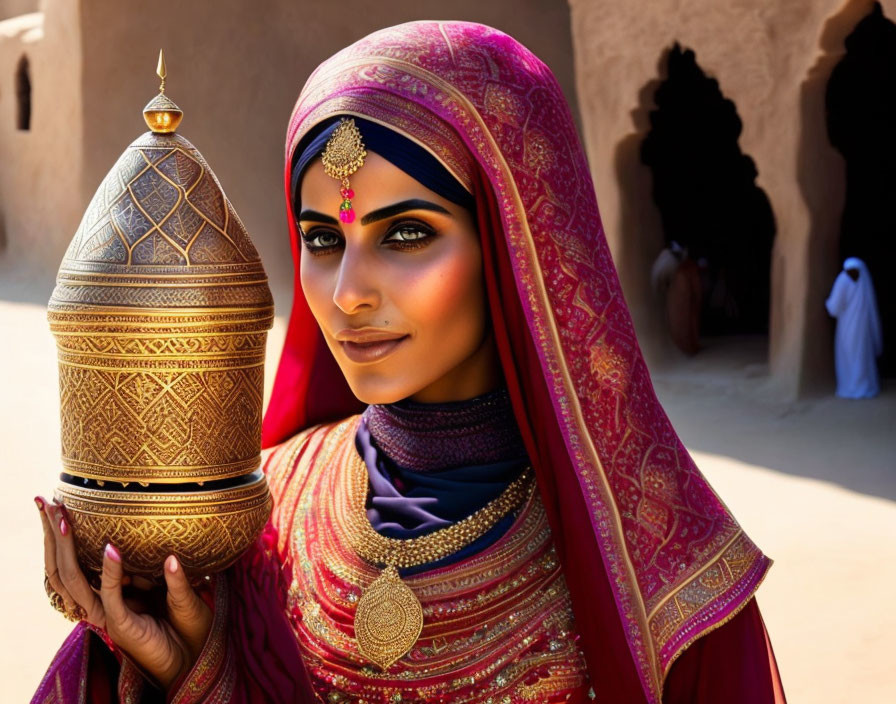 Traditional Attire Woman with Bindi Holding Ornate Jar Near Earth-Toned Building