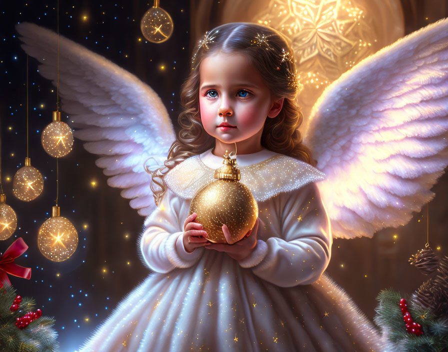 White-winged angel holding golden Christmas ornament in festive setting