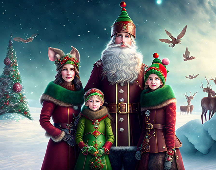 Festive Santa Claus with elves, reindeer, and Christmas tree in snowy scene