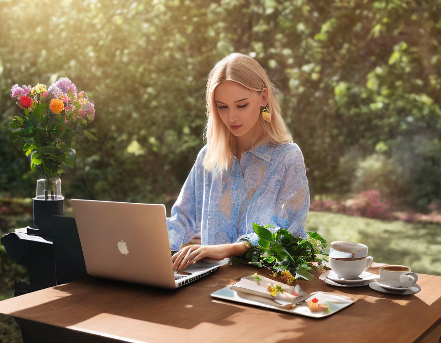 Woman working on laptop outdoors with coffee, food, and flowers.