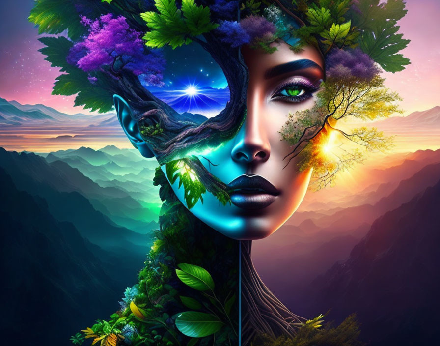 Colorful surreal portrait merging woman with nature and mountain backdrop