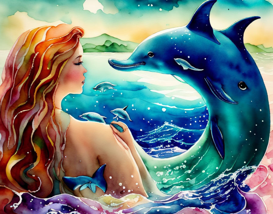 Vibrant watercolor art: Woman with red hair, dolphin, waves, butterflies