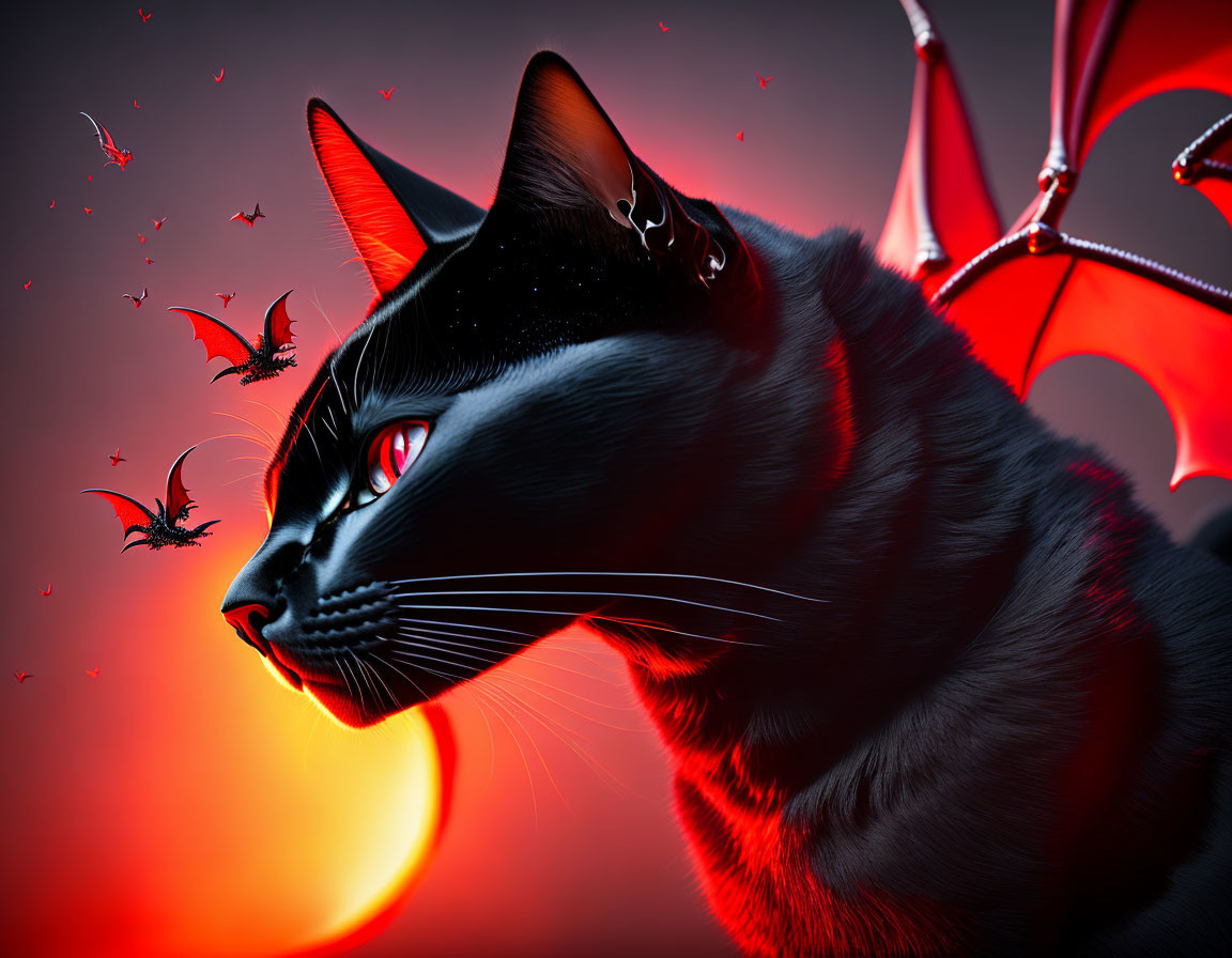 Fantastical black cat with bat-like wings in vibrant red sunset