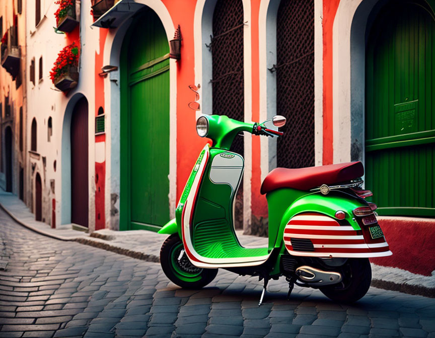 Vibrant Scooter Parked Among Colorful Buildings