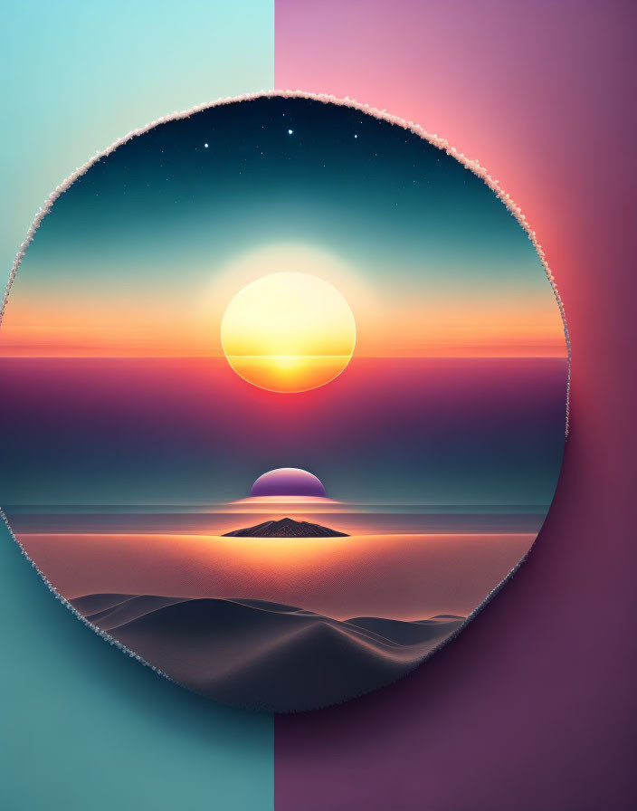 Circular Frame Abstract Landscape: Sunset over Desert Island into Starry Night Sky