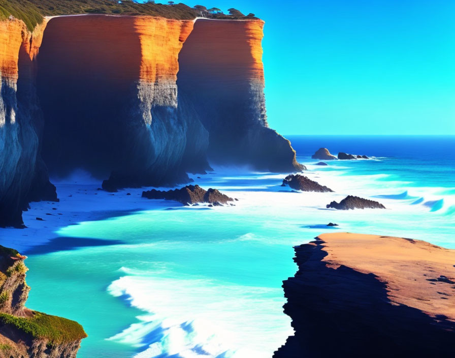 Blue ocean waves crash against orange cliffs under clear sky