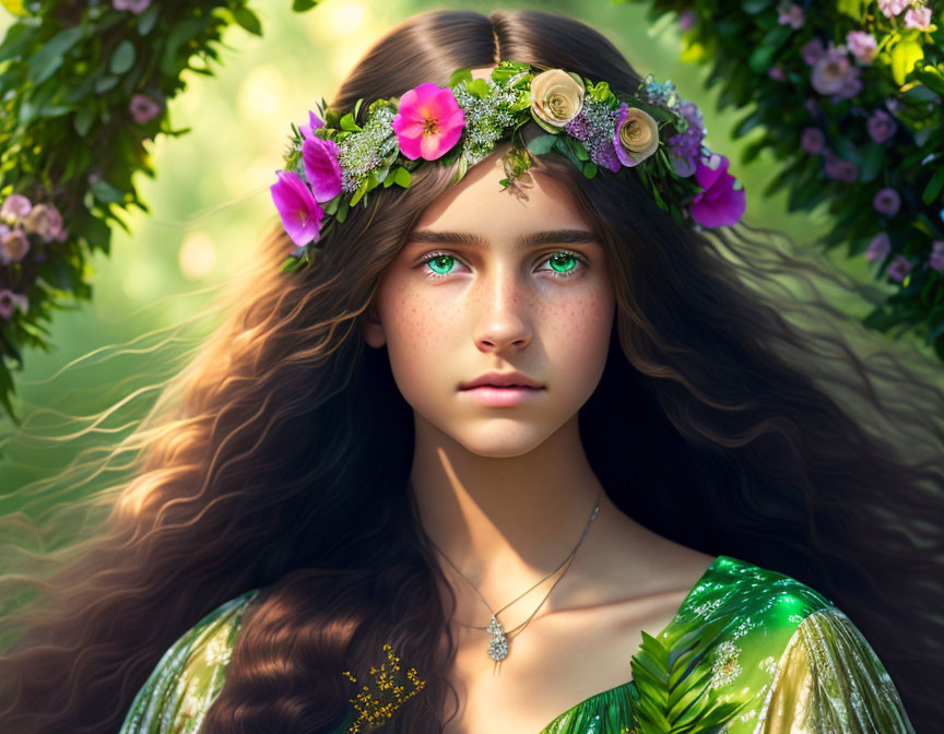 Young woman with brown hair and green eyes in floral wreath and green dress.