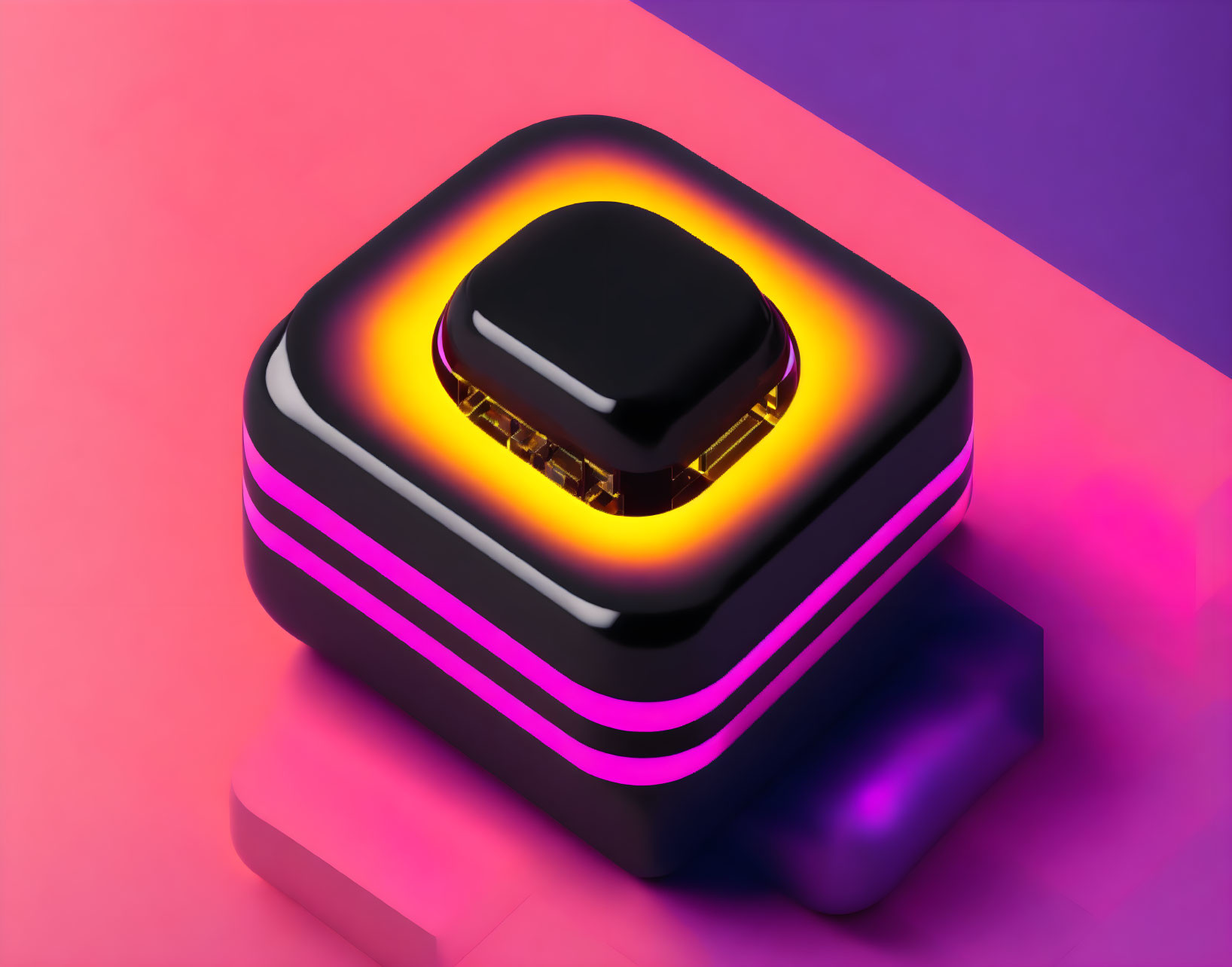 Modern push button with yellow and pink neon lights on pink and purple background