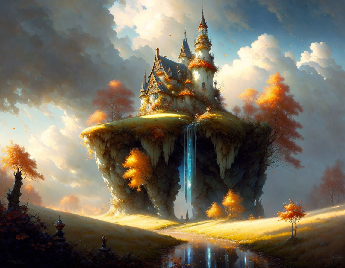 Fantastical castle on floating island with waterfall and autumn trees.