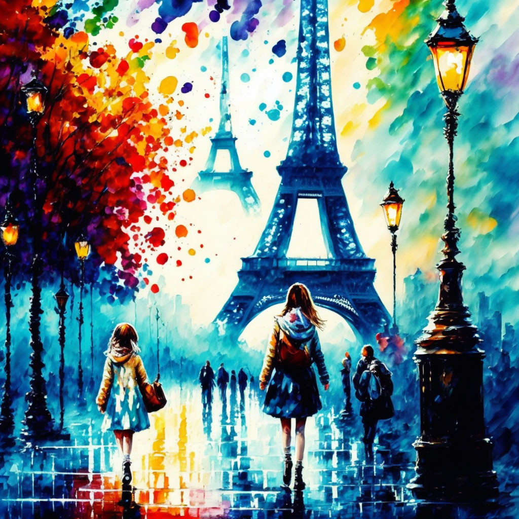 Colorful painting: People walking to Eiffel Tower on rainy day