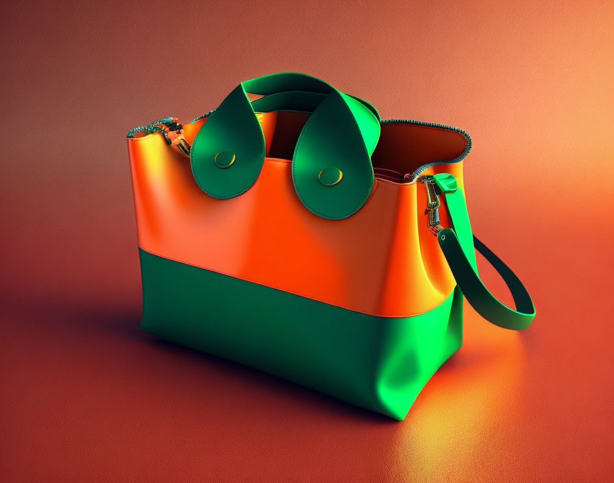 Two-Tone Orange and Green Handbag with Zipper and Round Handles