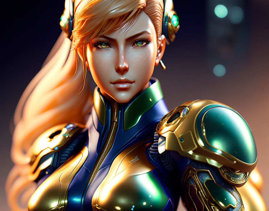 Blonde female character in futuristic armor and headphones