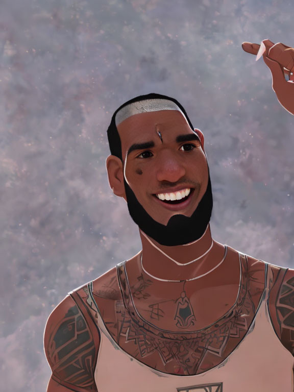 Smiling man with tattoos and beard in animated portrait