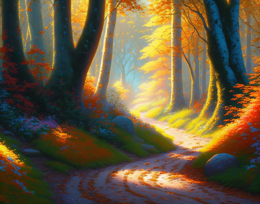 Tranquil forest path with autumn leaves and sunlight