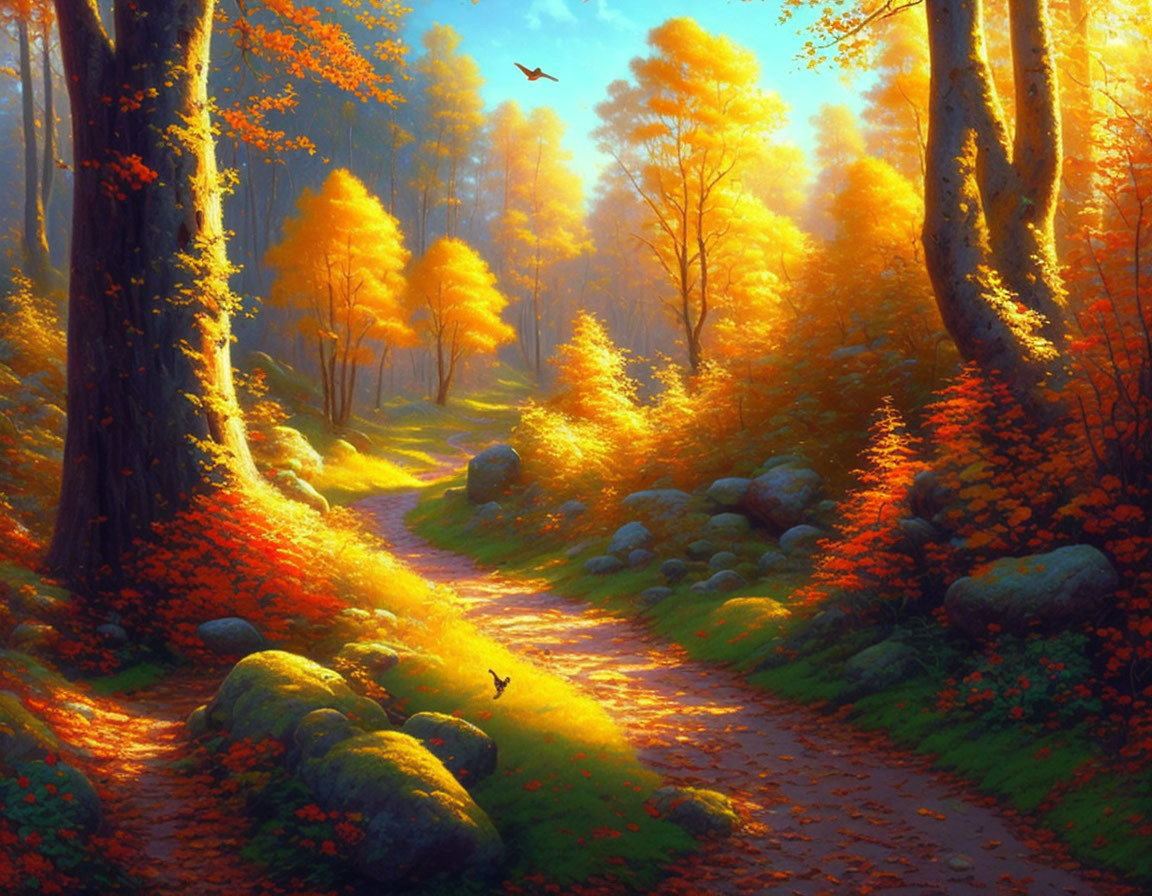 Tranquil forest path with autumn foliage, sunlight, rocks, and bird