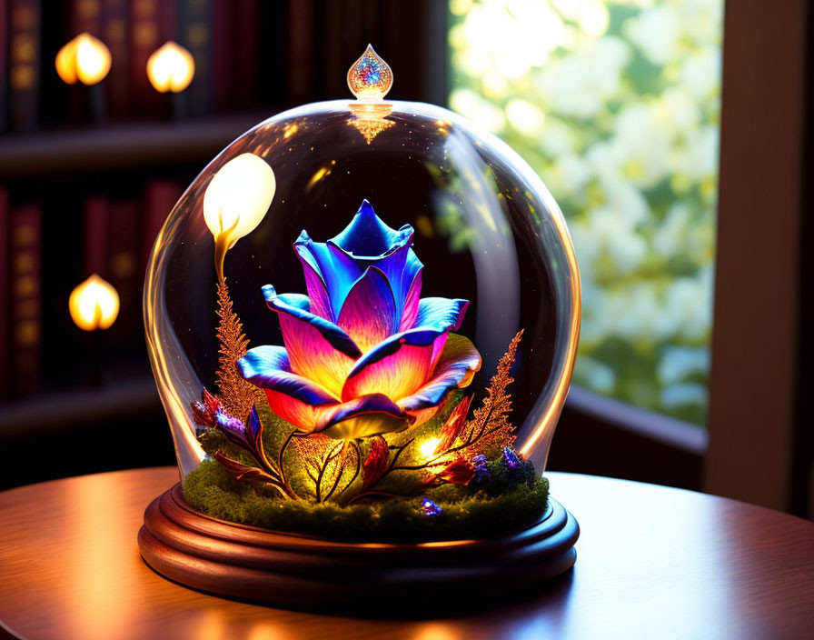 Multicolored artificial flower arrangement in glass dome on wooden base by window.