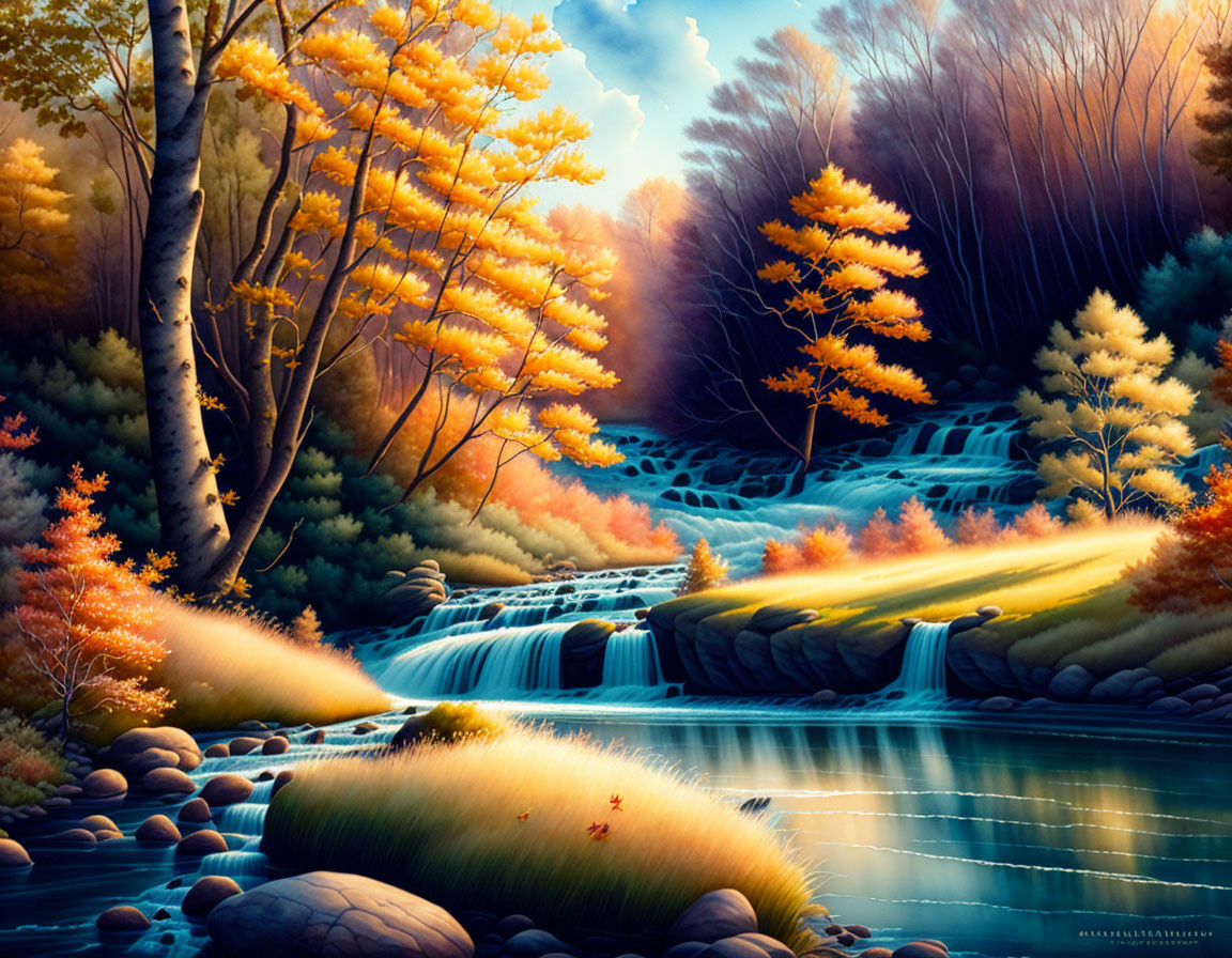 Tranquil autumn waterfall with golden trees and colorful foliage