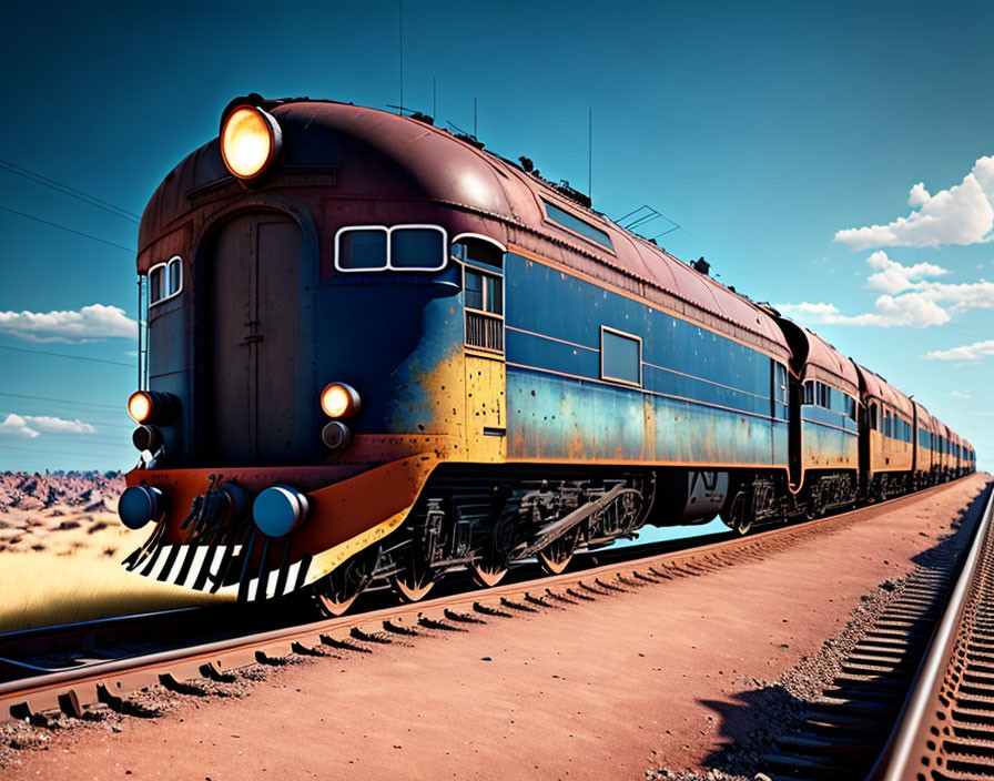 Vibrant blue and yellow vintage train on desert tracks under clear sky