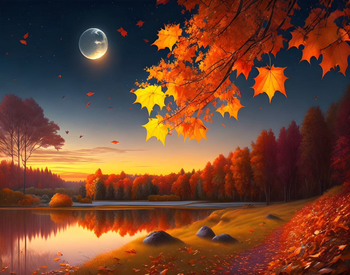 Tranquil autumn landscape with vibrant foliage and moonlit lake.