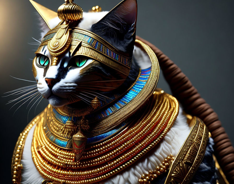 Cat in Ancient Egyptian Pharaoh Costume with Golden Headdress