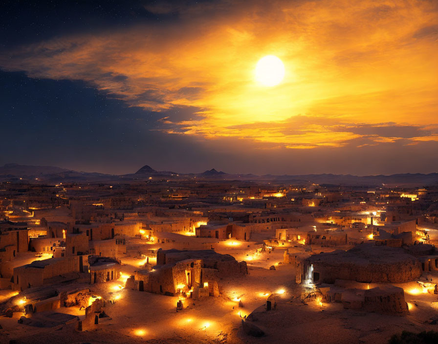 Moonlit Desert City Night Skyline with Illuminated Buildings