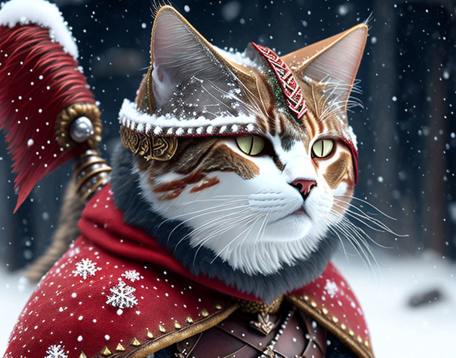 Digitally altered cat with green eyes in red cloak and tiara on snowy background