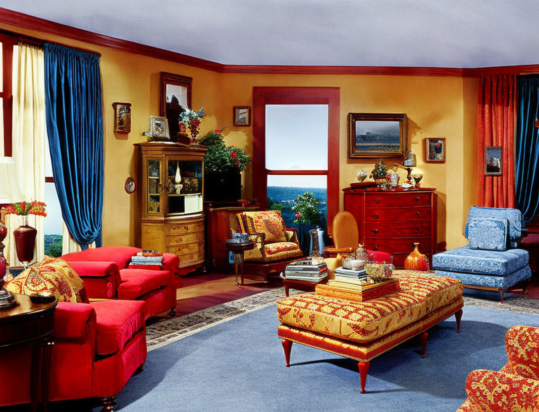 Colorful Living Room with Yellow Walls, Blue Curtains, and Ornate Red & Gold Furniture