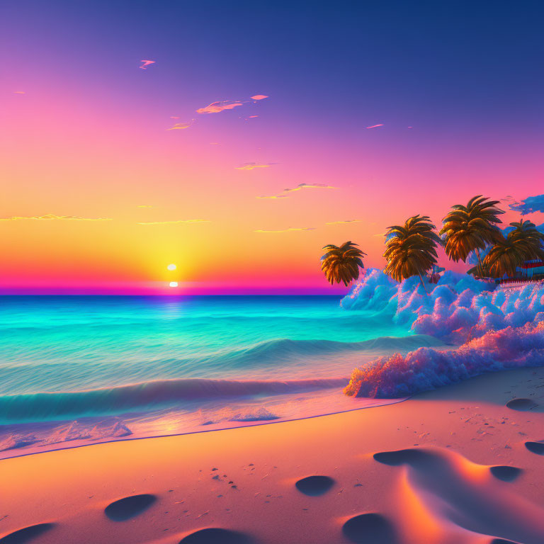 Vivid Beach Sunset with Blue Waves and Palm Trees